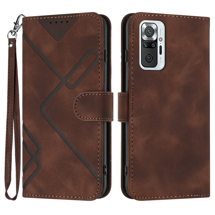 Brown leather phone case with geometric pattern, flip cover, wrist strap, includes camera cutout