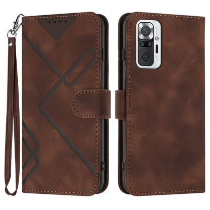 Brown leather phone case with geometric pattern, flip cover, wrist strap, includes camera cutout
