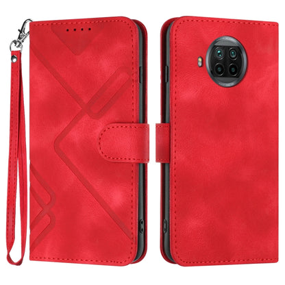 Red leather-look wallet phone case with wrist strap and geometric pattern, dual-view.