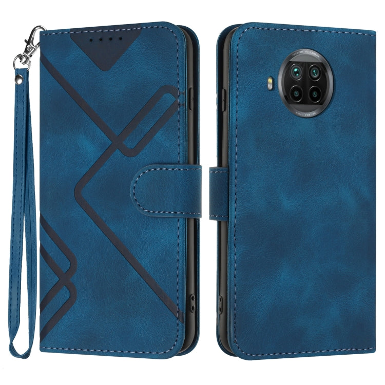 Blue leather wallet phone case with wrist strap, geometric pattern, and card slot flap