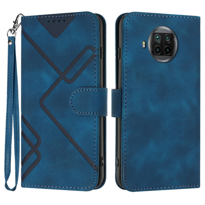 Blue leather wallet phone case with wrist strap, geometric pattern, and card slot flap