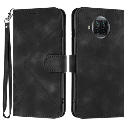 Black leather wallet phone case with wrist strap, geometric pattern, and card slot flap
