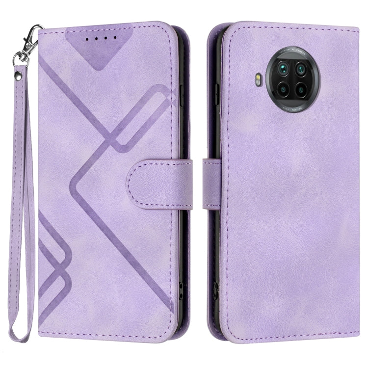 Light purple leather wallet phone case with wrist strap, geometric pattern, and card slot flap