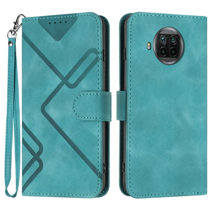 Teal leather wallet phone case with wrist strap, geometric pattern, and card slot flap