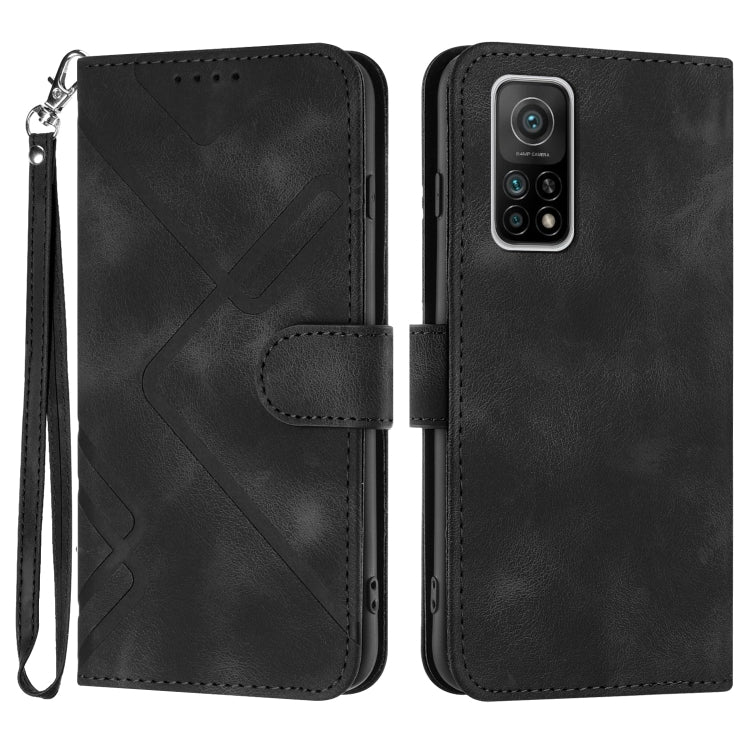 Black leather wallet phone case with wrist strap, geometric pattern, and camera cutout