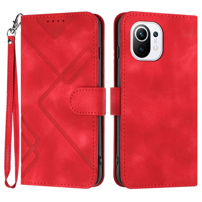 Red leather-texture folio phone case with geometric pattern, wrist strap, camera cutout