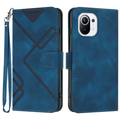Blue leather-texture folio phone case with geometric pattern, wrist strap, camera cutout