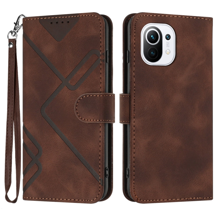 Brown leather-look wallet phone case with wrist strap and geometric pattern, dual-view.