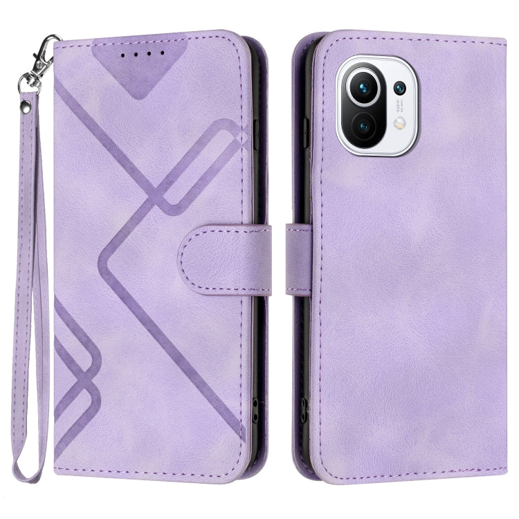 Light purple leather-look wallet phone case with wrist strap and geometric pattern, dual-view.
