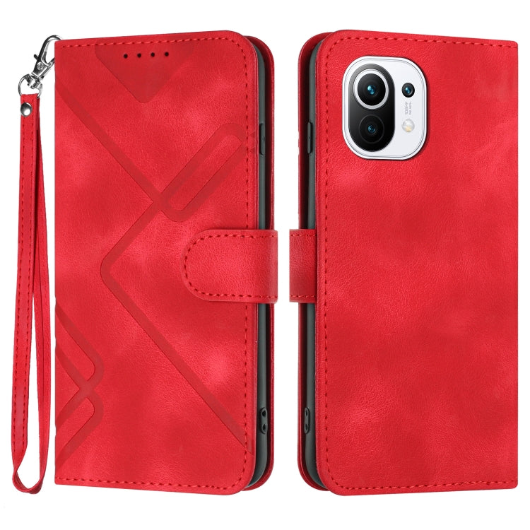 Red leather wallet phone case with embossed geometric pattern, flip cover, wrist strap
