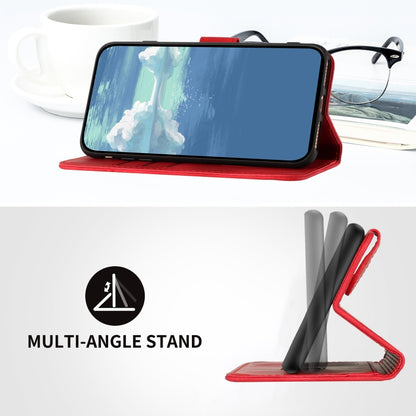 Red and black leather wallet phone case with multi-angle stand and flip cover support
