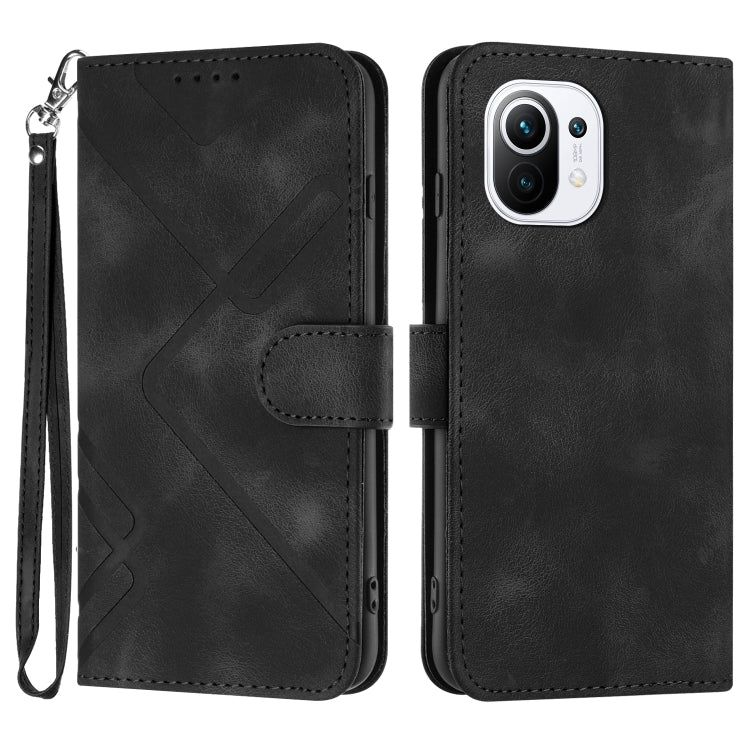 Black leather wallet phone case with embossed geometric pattern, flip cover and wrist strap