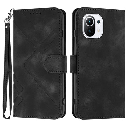 Black leather wallet phone case with embossed geometric pattern, flip cover and wrist strap