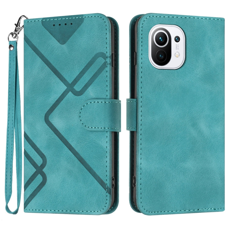 Turquoise leather phone case with wrist strap, folio cover and X pattern front