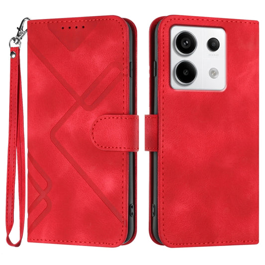 Red folio leather phone case with line pattern, wrist strap, and front flap cover