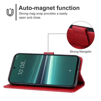 Red leather folio phone case in stand mode holding a smartphone