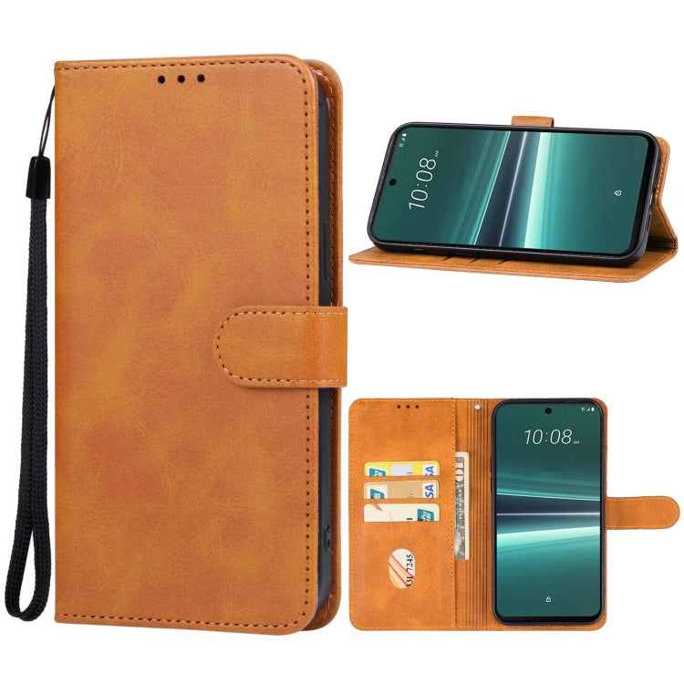 Brown leather folio phone case with card slots, stitched flap, and wrist strap