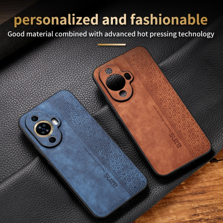 Blue and brown phone cases with 3D embossed geometric texture and camera cutouts.