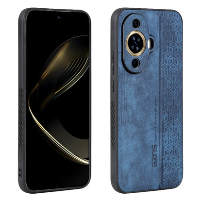Blue phone case with 3D embossed geometric texture, raised camera bezel and side cutouts.