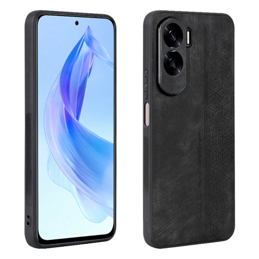 Black phone case with 3D embossed geometric pattern and dual camera cutouts