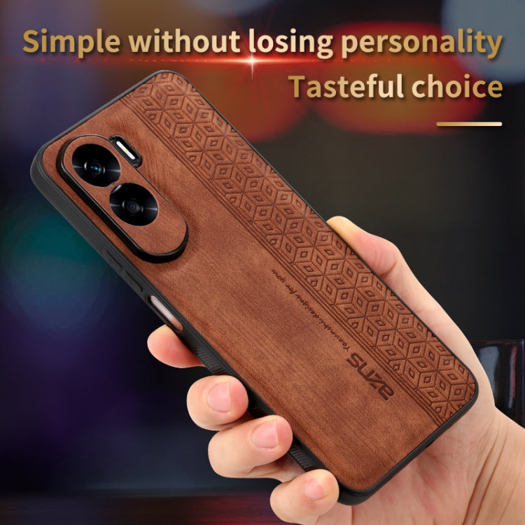 Brown phone case with 3D embossed geometric pattern and dual camera cutouts