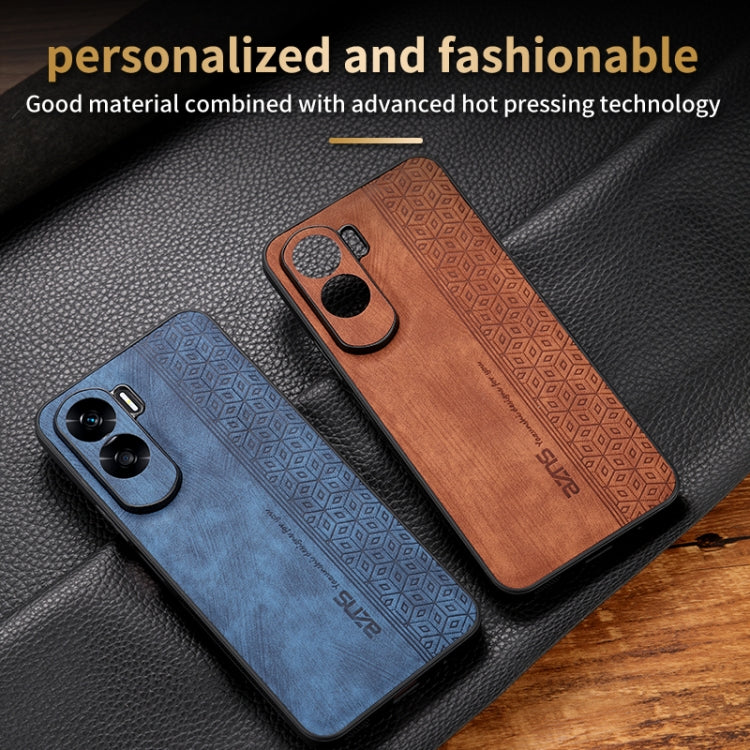 Blue and brown phone cases with 3D embossed geometric pattern and camera cutouts