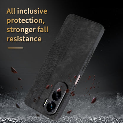 Black phone case with textured geometric embossing and dual camera cutouts