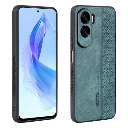 Dark green phone case with 3D embossed geometric pattern and dual camera cutouts