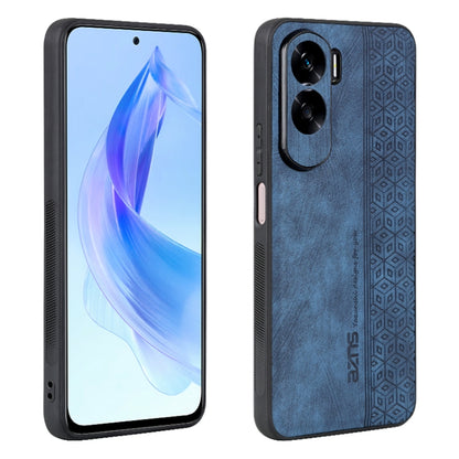 Sapphire blue phone case with 3D embossed geometric pattern and dual camera cutouts