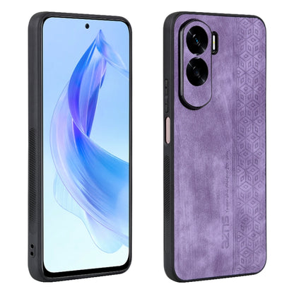Purple phone case with 3D embossed geometric pattern and dual camera cutouts