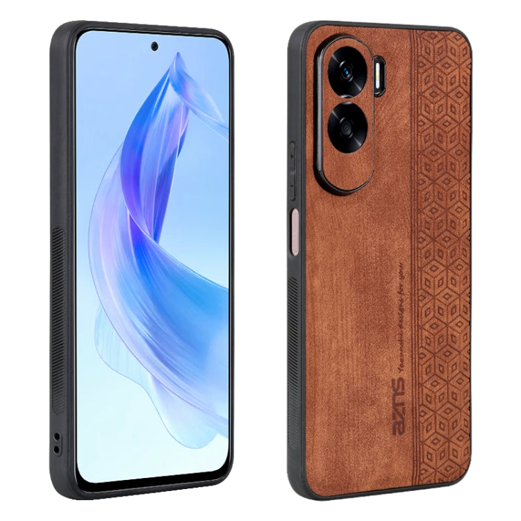 Brown phone case with 3D embossed geometric pattern and dual camera cutouts