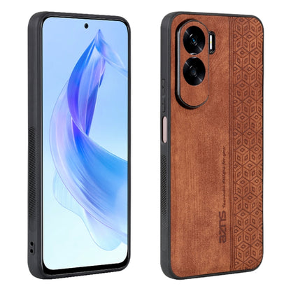 Brown phone case with 3D embossed geometric pattern and dual camera cutouts