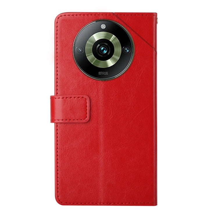 Red Y-pattern flip leather phone case with round camera cutout and strap tab