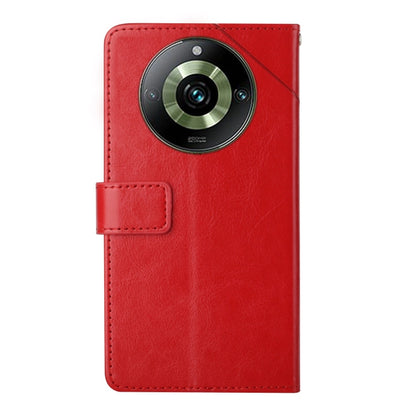 Red Y-pattern flip leather phone case with round camera cutout and strap tab