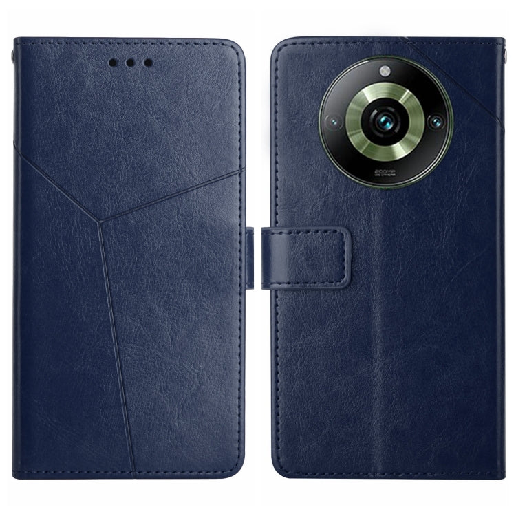 Blue Y-pattern flip leather phone case with round camera cutout and strap tab