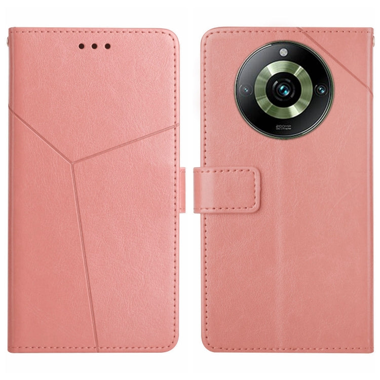 Pink Y-pattern flip leather phone case with camera cutout and strap tab
