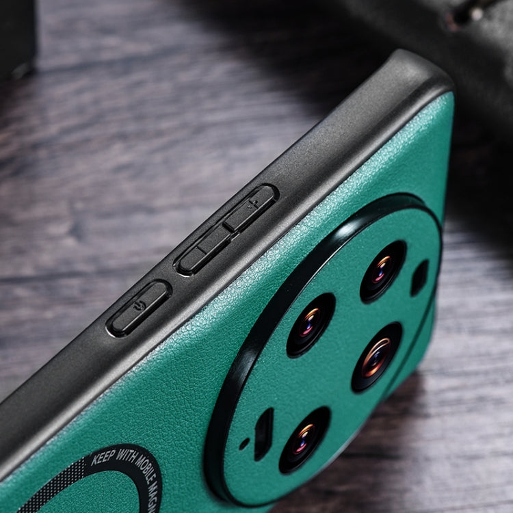 Green PU MagSafe magnetic phone case angled view with camera cutouts