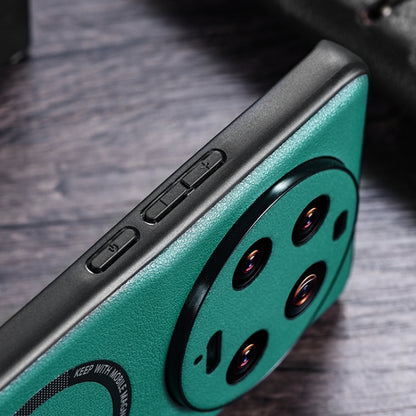 Green PU MagSafe magnetic phone case angled view with camera cutouts