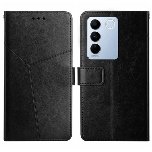Black Y-shaped flip leather phone case with front flap and camera cutout