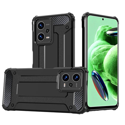 Rugged armored phone case with raised camera covers, two-piece TPU+PC design, black
