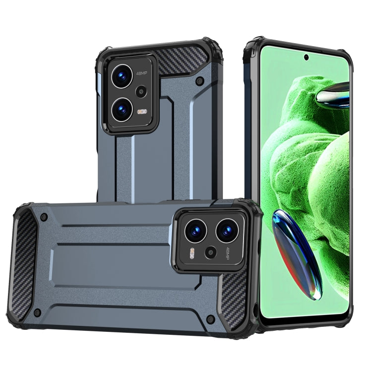 Rugged armored phone case with raised camera covers, two-piece TPU+PC design, grey
