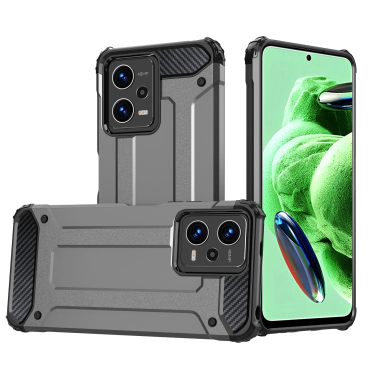 Rugged armored phone case with raised camera covers, two-piece TPU+PC design, dark grey