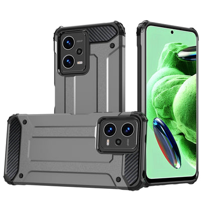 Rugged armored phone case with raised camera covers, two-piece TPU+PC design, dark grey