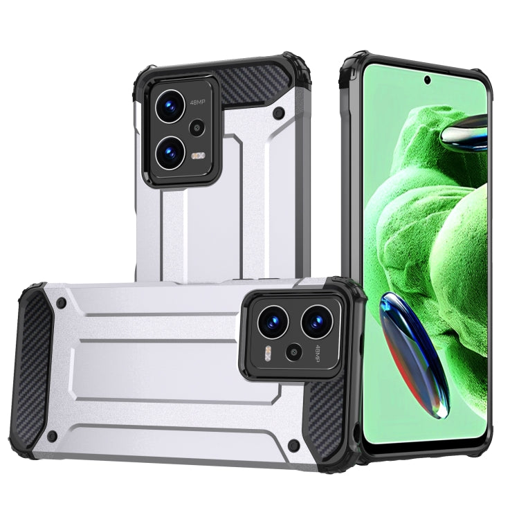 Rugged armored phone case with raised camera covers, two-piece TPU+PC design, light grey