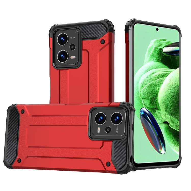 Rugged armored phone case with raised camera covers, two-piece TPU+PC design, red