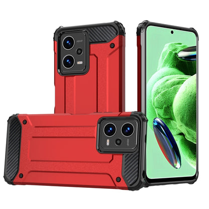 Rugged armored phone case with raised camera covers, two-piece TPU+PC design, red