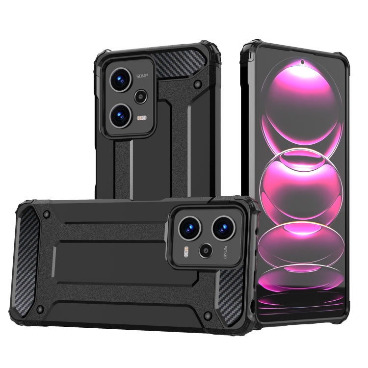 Rugged armored phone case with raised camera covers, two-piece TPU+PC design, black