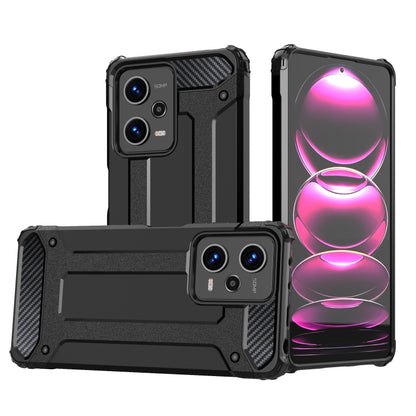 Rugged armored phone case with raised camera covers, two-piece TPU+PC design, black