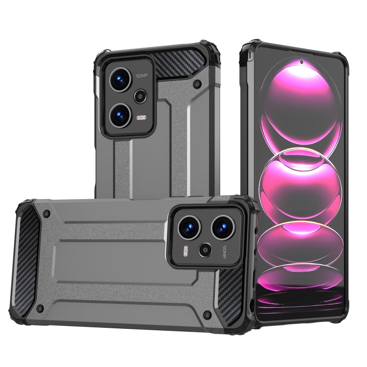 Rugged armored phone case with raised camera covers, two-piece TPU+PC design, dark grey