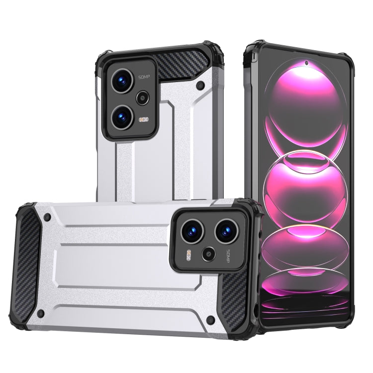 Rugged armored phone case with raised camera covers, two-piece TPU+PC design, silver